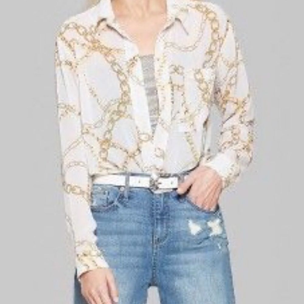 WILD FABLE | White Sheer Button Front Blouse Gold Chain Print Women’s Size XS